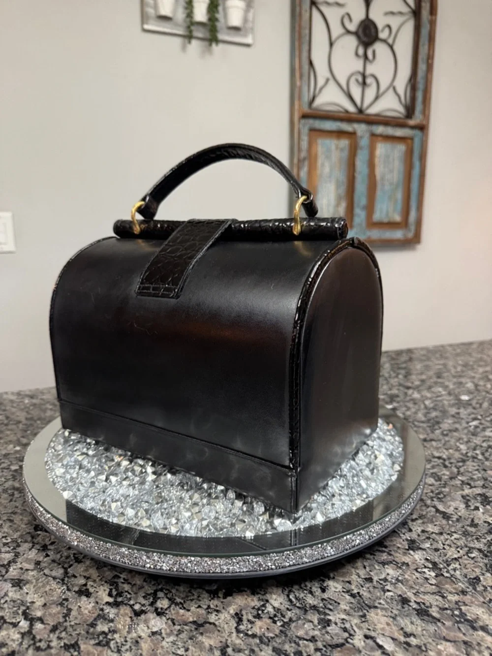 Black Structured Top-Handle Cosmetic Case with Gold Lock